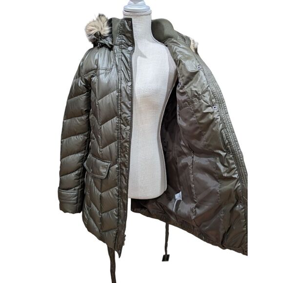 Land's End Knee Length Parka Quilted Puffer Faux Fur Hood Belted L 14-16 Olive - Picture 7 of 11